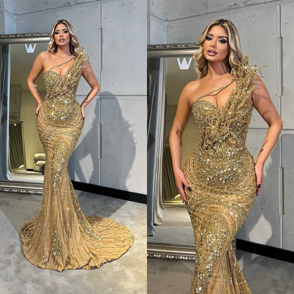 Customized Black Girls Mermaid Evening Dresses Africa Gold Crystals Beading One Shoulder Prom Gowns Special Ocn Dress