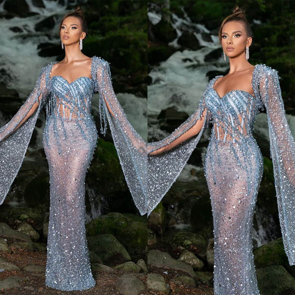 Sexy Evening Dresses For Women Sweetheart Neck Long Sleeves See Through Gown Crystal Sequins or Length Party Customized Dress