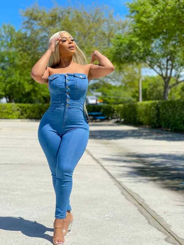 Summer Denim Stretch Jumpsuit Sexy Women Strapless Bodycon Blue Jeans Casual Overalls RompersXJ250307