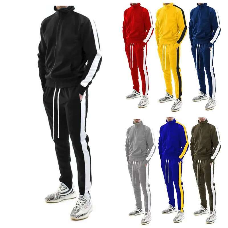Spring And Autumn New Fashion Men's Clothing Casual Sports Stripes Matching Color Stand Collar Jacket Trousers Two-Piece Set