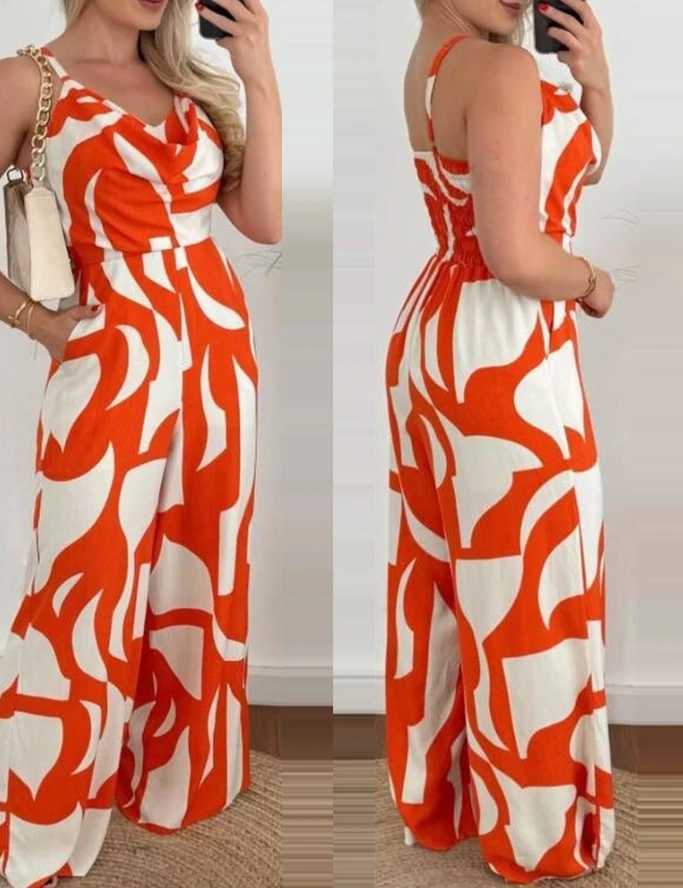 Casual Overall Spaghetti Strap Pocket All Over Print Swing Collar Sveless Allover Print High Waist Wide Leg Loose JumpsuitXJ250307