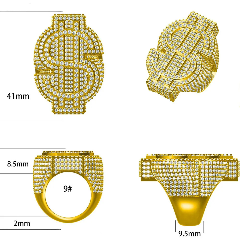 Personalized Custom Hip Hop Full Diamond Sign Ring Bling Iced Out Money Big USD 18k Gold Plated Ring For Women Men 250318