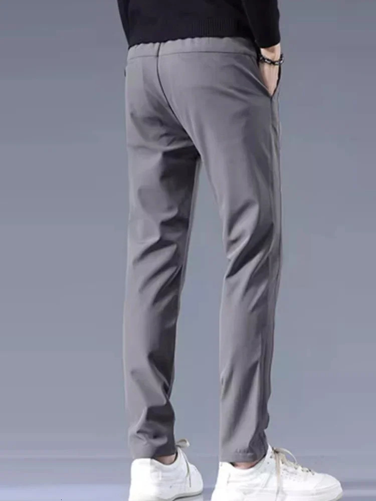 Mens casual pants semi elastic waistband nylon ice silver elastic straight tube light gray business gentleman summer casual y250305