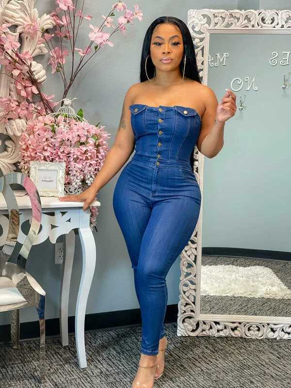 Summer Denim Stretch Jumpsuit Sexy Women Strapless Bodycon Blue Jeans Casual Overalls RompersXJ250307
