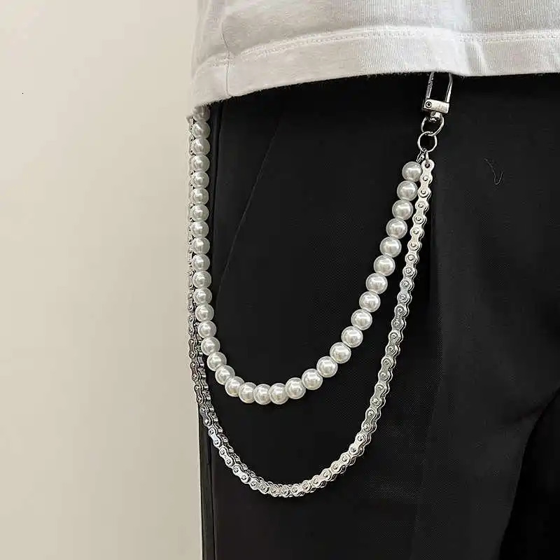 punk style pearl double-layer mens and womens hip-hop fashion metal pants waist chain accessories 250306