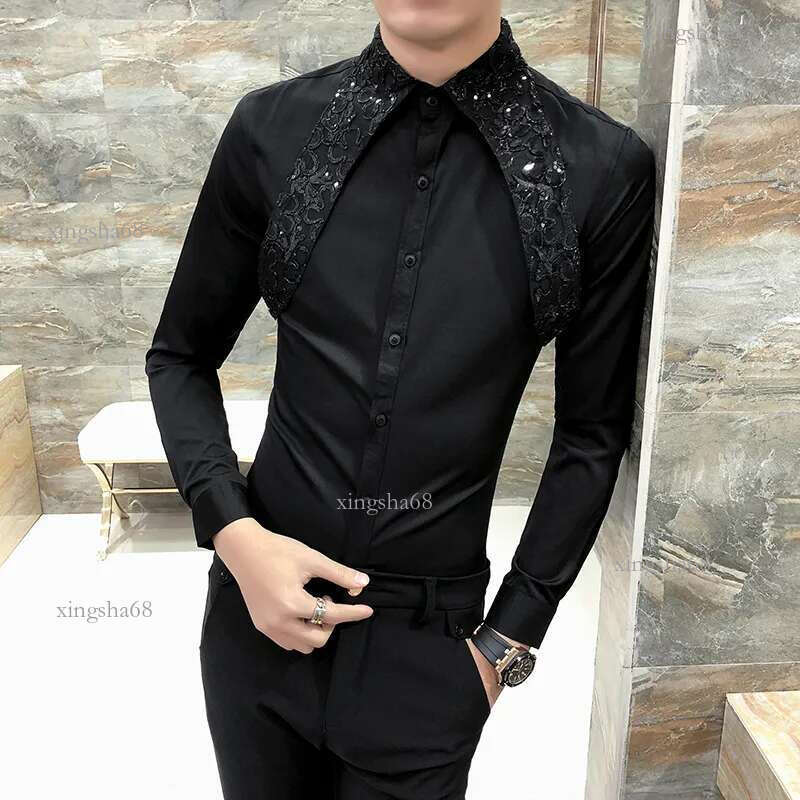 Hot Men Shirt Slim Fit Long Sleeve 2020 Spring Tuxedo Shirt Men Sexy Lace Patchwork Casual Party Dress Shirts Mens Black/W