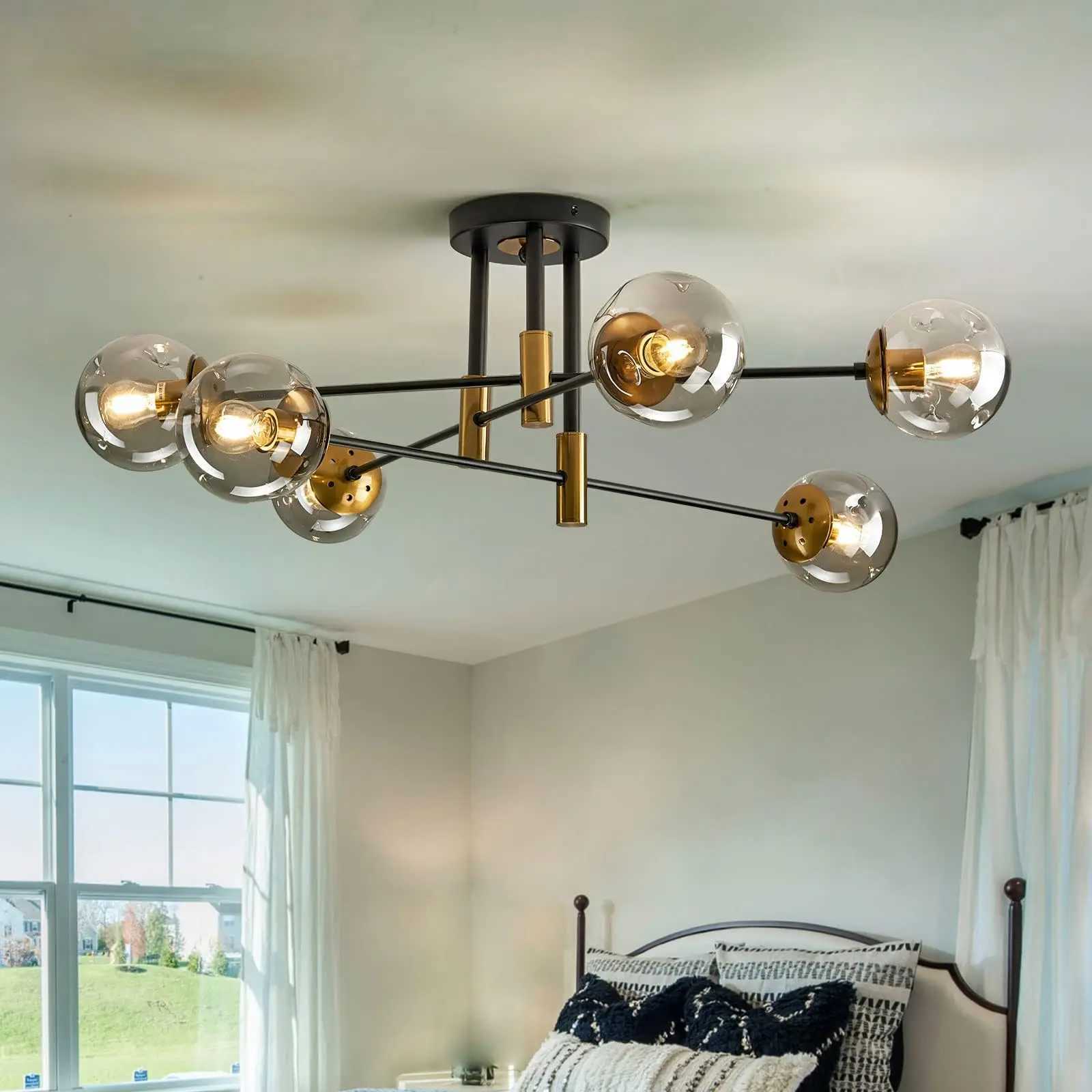 Glass Globe Chandelier Mid Century Modern Pendant Lights Black Ceiling Hanging Light Fixture with Glass Shade Sputnik Chandelier X250307