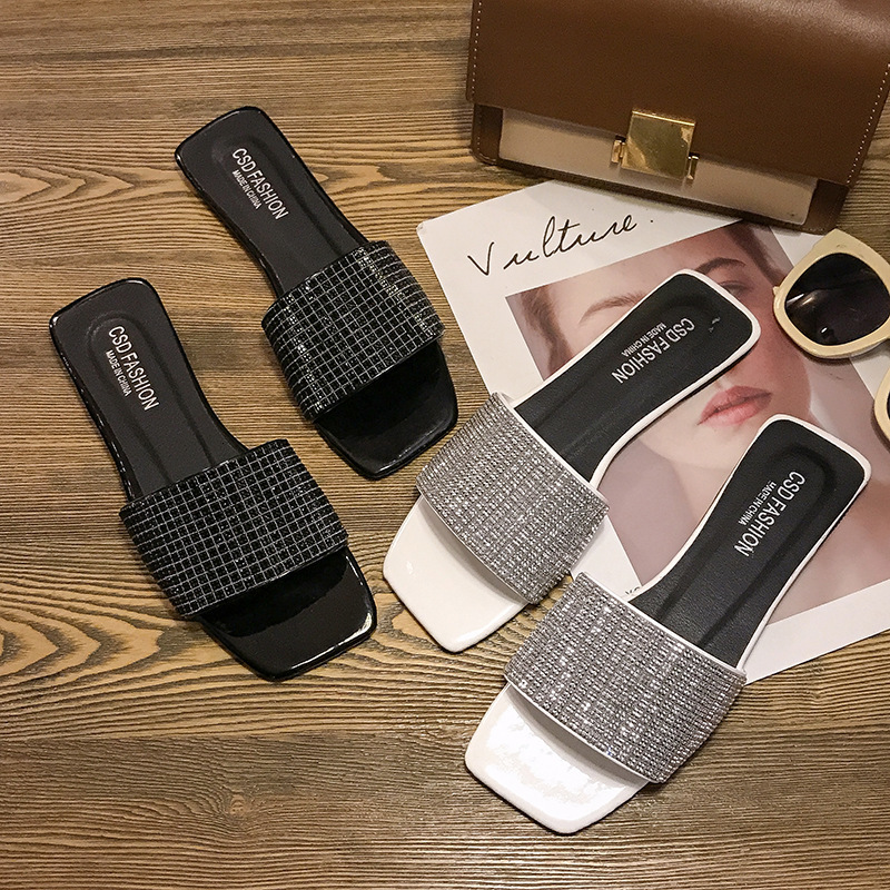 2025 New Single Diamond Flat Slippers Designer Solid Color Fashion Beach Sandals Classic Casual Women's Shoes