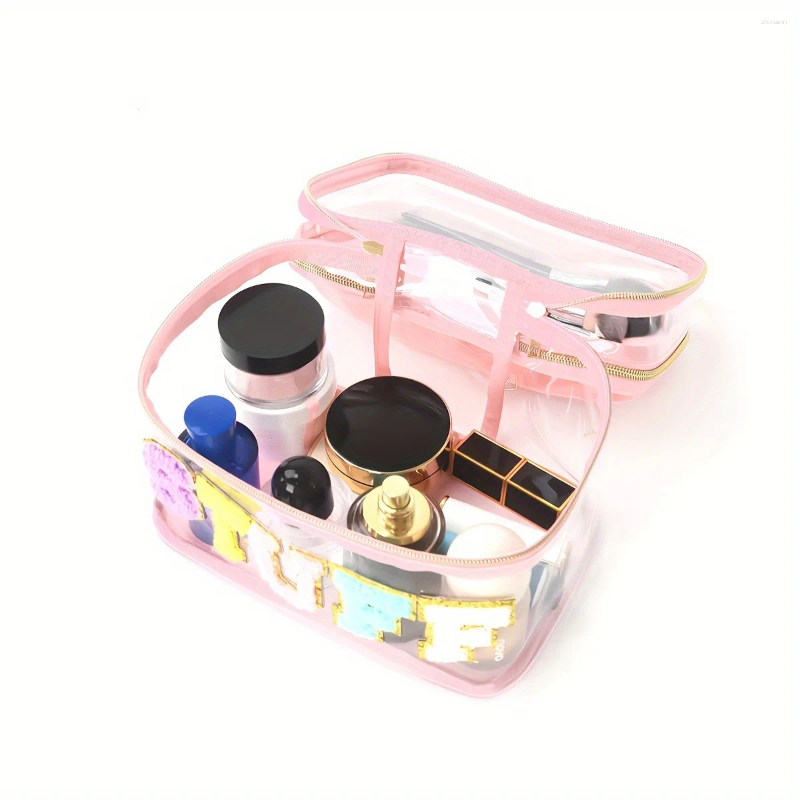 2025 NEW Cosmetic Bags 1pcs Large Capacity Letter Embroidery Double Layer Transparent Bag Toiletry Travel Storage Suitable For zhanyishengli