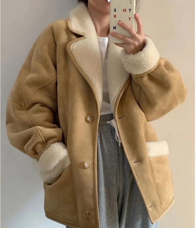 Women Winter Fleece Thickened Lamb Fur Jacket Sheepskin Suede Leather Coat Fashion Lamb Fleece Parka Women Outerwear 240918