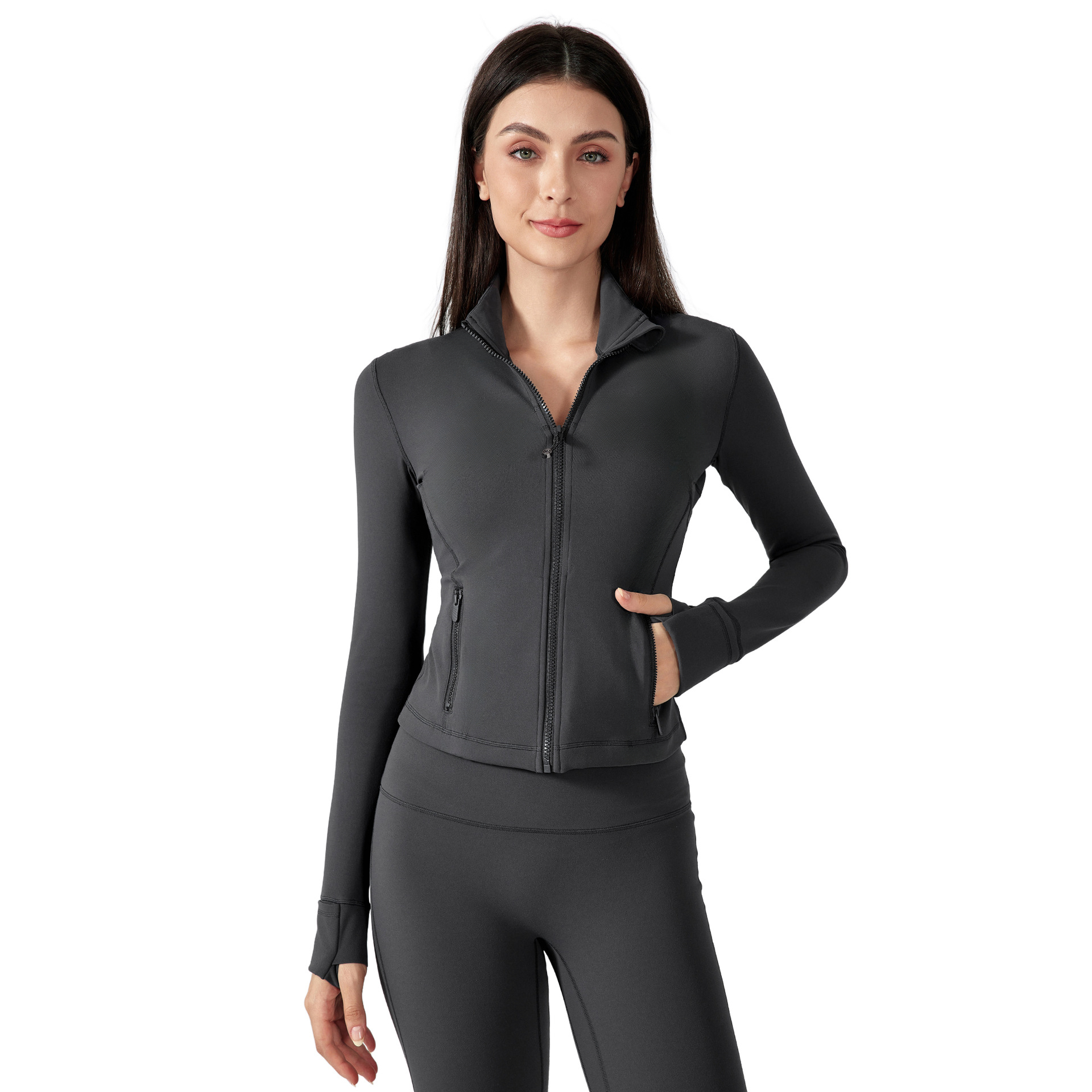 Women Yoga Cropped Jacket Outfit Zip up Activewear Slim Fit Zip Thumb Hole Running Workout Fitness Jackets