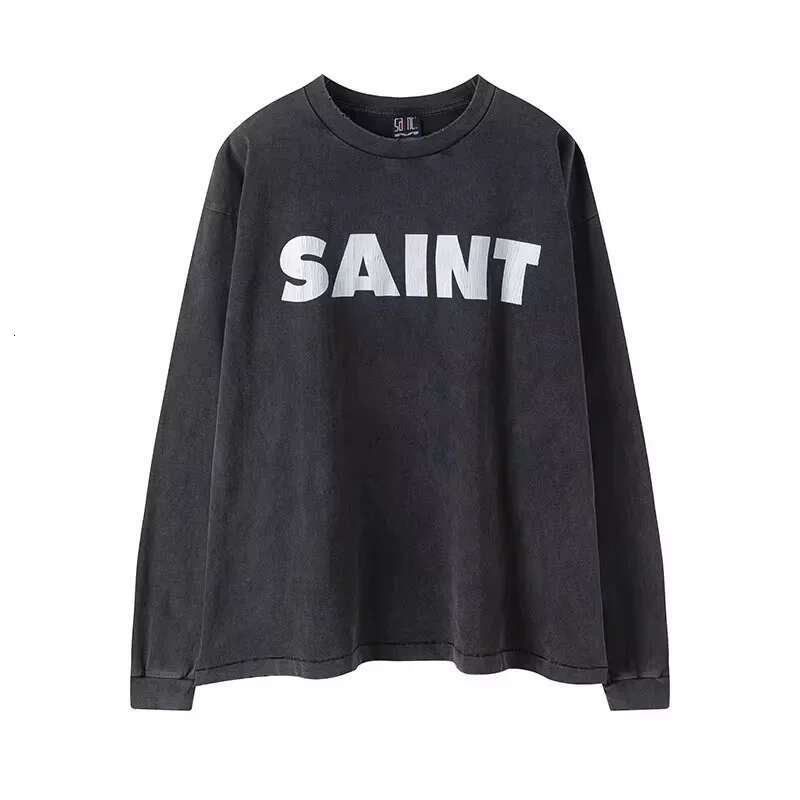 Casual Washed Saint Long Sleeve Tee Men Woman 1:1 2024Fw Best Quality Vintage Letter Printing Damaged High Street Top