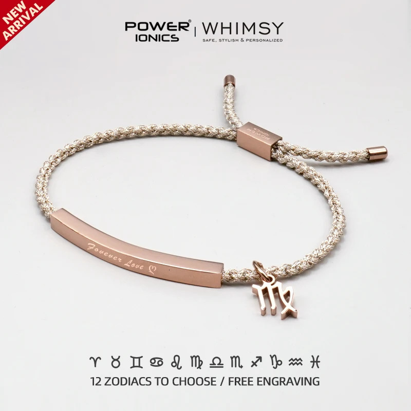 Power Ionics Trend 12 Zodiacs 18K RoseGold Plated Unisex Slim Souvenir Bracelet Free Engrave 250303