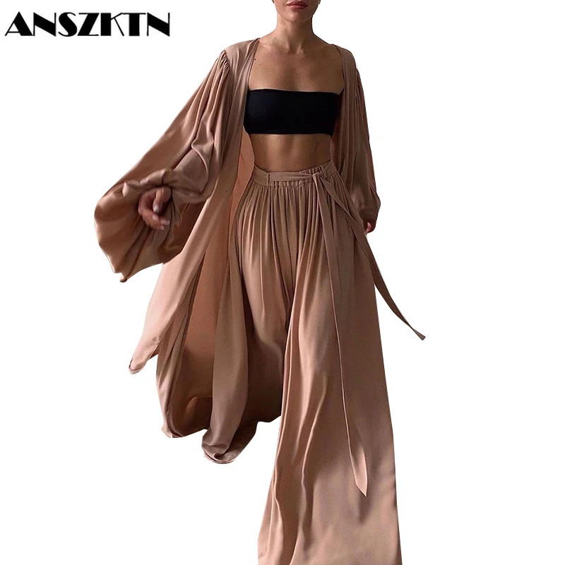 ANSZKTN Short Vest Lantern Long Sleeve Coat High Waist Wide Leg Pants Sexy Women 2 pieces Sets 250225