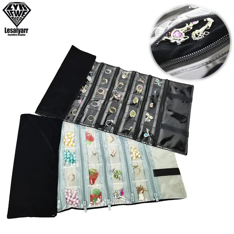 Foldable Black Velvet Zipper Jewelry Roll Bag for Jewellery Ring Earrings Organizer Storage Bag Portable Necklace Display Cases 250306