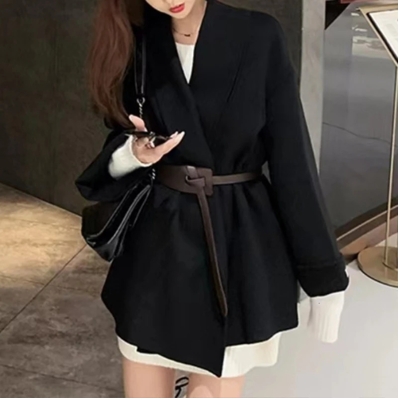 2024 Autumn Mid Long Woollen Coats and Blends Black Elegant with Belt Tweed Jacket Loose Womens Winter Coat in Outerwears 250225