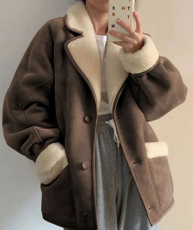 Women Winter Fleece Thickened Lamb Fur Jacket Sheepskin Suede Leather Coat Fashion Lamb Fleece Parka Women Outerwear 240918