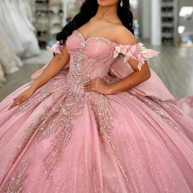 Pink Shiny Quinceanera Dresses Ball Gown Off The Shoulder Sequin Applique Lace Beading Crystal Bow Tull Party Birthday Sweet 16 Vestidos 15 De Anos