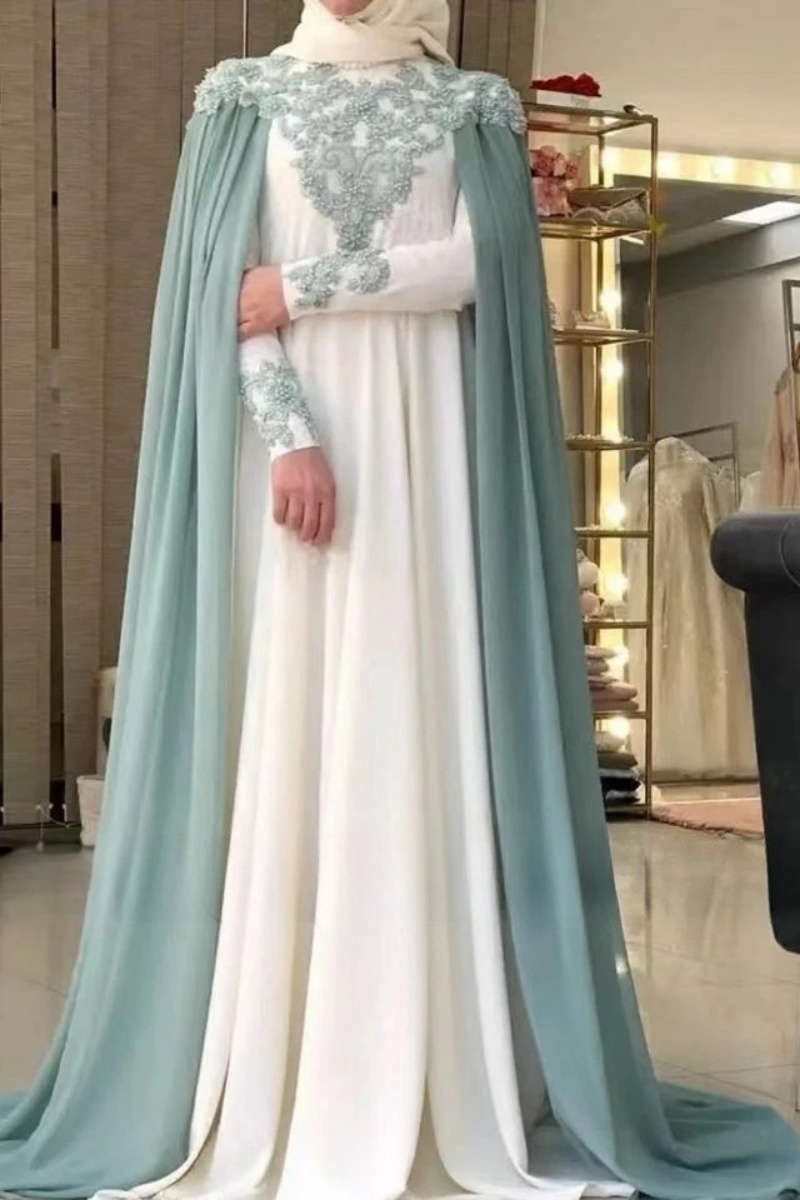 Elegant Muslim Evening Dresses With Cape Lace Appliques Beaded Ivory And Sage Hijab Long Formal Occasion Dress Full Sleeves Arabic Dubai Prom Gown