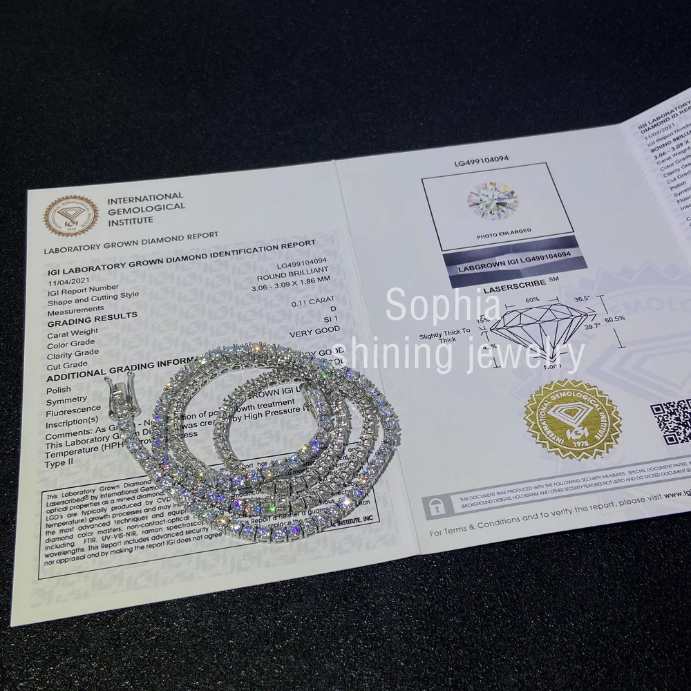 IGI Verified 3MM 18Inch Tennis Chain Necklace Lab Grown Diamonds Jewelry