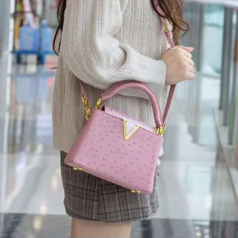 High-End Brand Women's Handbag Spring New Fashion Ostrich Pattern Crossbody Shoulder Pink Black Flap Gold Bag