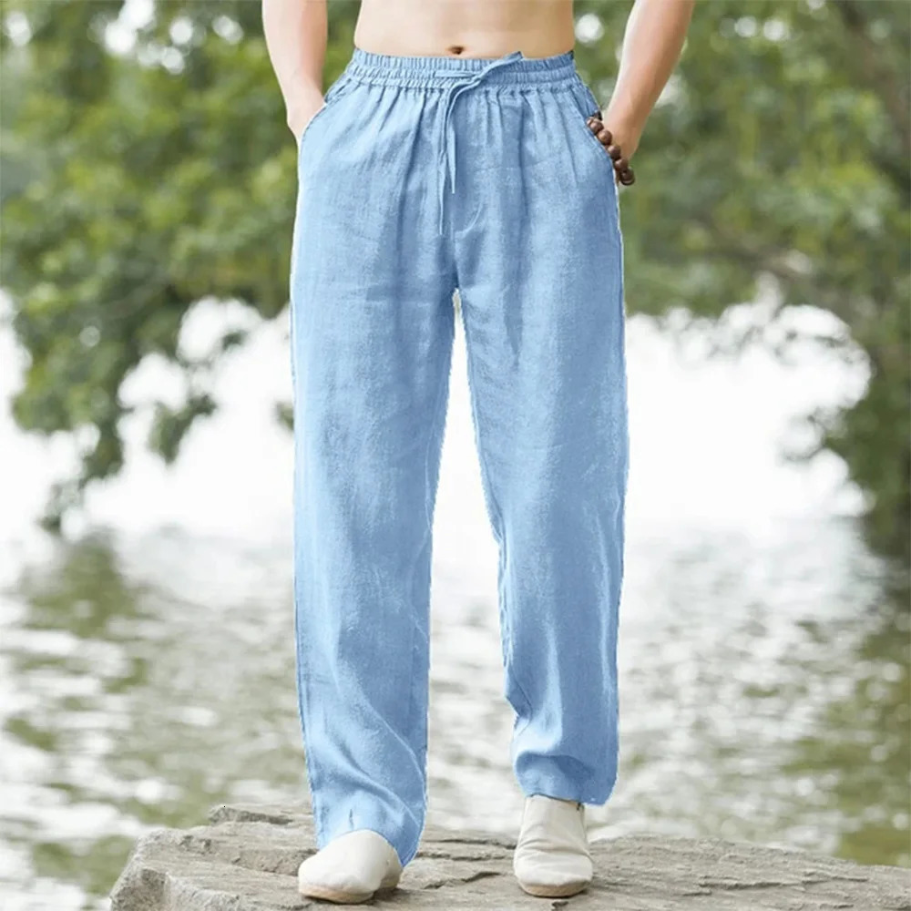 Mens Beach Pants Joggers Streetwear Cotton Linen Sweatpants Casual Pants Hawaiian Vacation Loose Summer Long y250305
