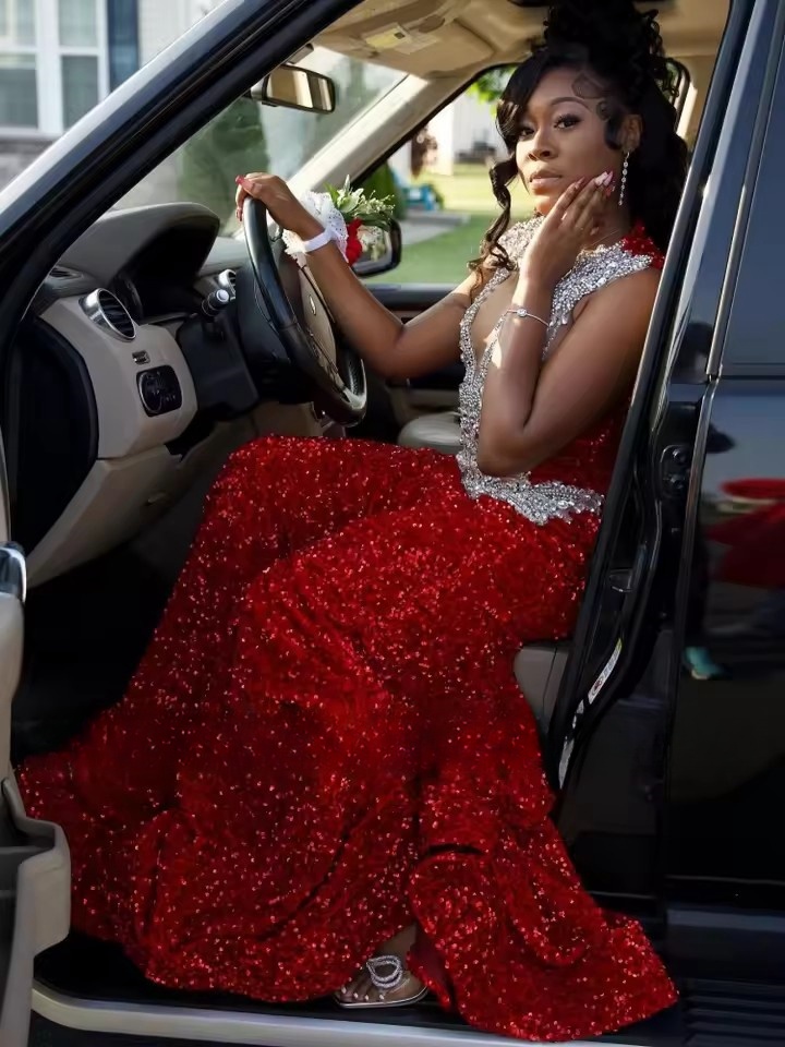 Sparkle Sequin Mermaid Red Prom Dresses For Black Girls Sexy Rhies Beaded Long Party Dress Women Customized