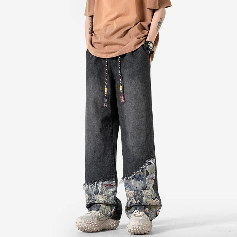 Spring Wide-Leg Gradient Denim Trousers with Drawstring for Men Retro Ethnic Style Embroidery and Fringes 250306