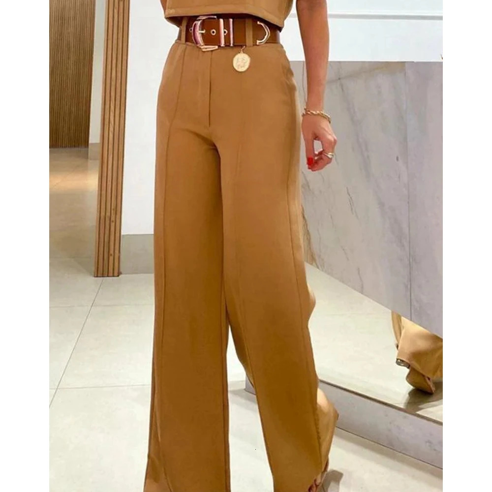 Casual Women Half Sleeve Crop Top Wide Leg Pants Set Summer Femme Office Lady Two Pieces Suit Outfits Korean Style 250225