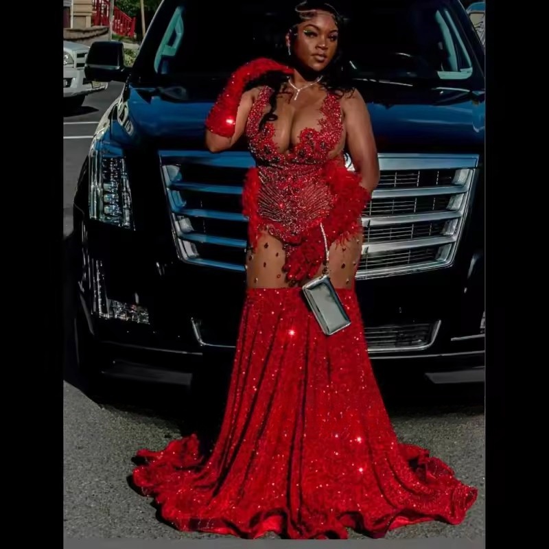 Sexy Red Sequined Long Prom Dresses 2025 Black Girl O Neck Feathers Birthday Party Gowns Mermaid Evening Dress Customized