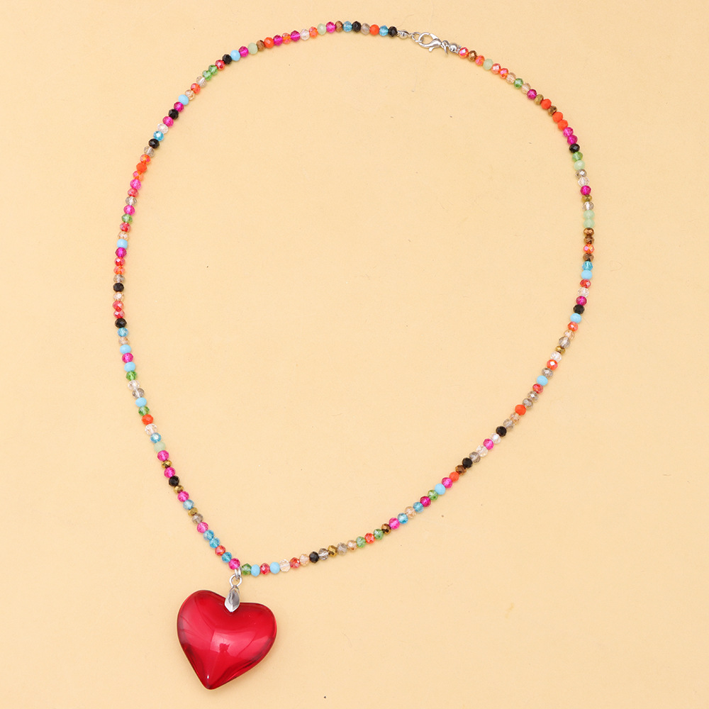Colorful beaded heart-shaped necklace peach heart necklace set of chains female retro personality of Europe and the United States with glazed jewelry
