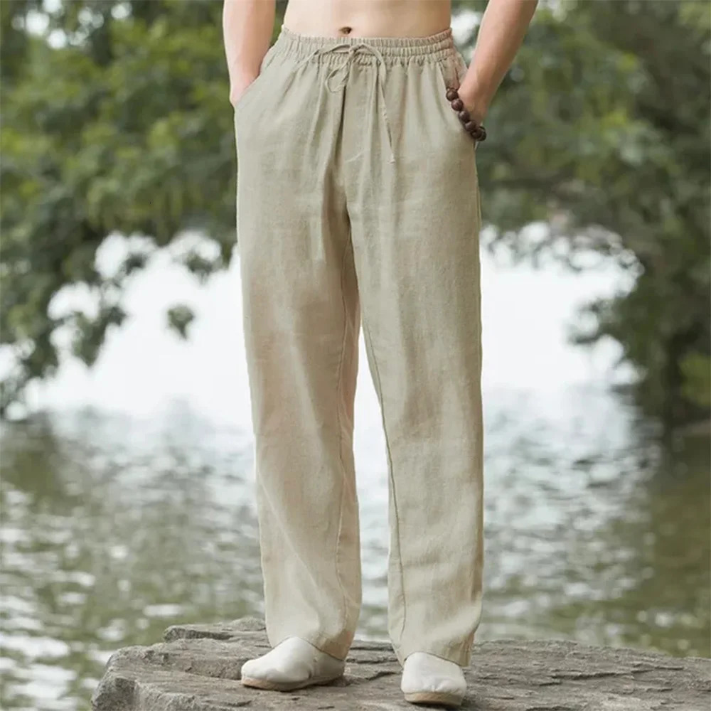 Mens Beach Pants Joggers Streetwear Cotton Linen Sweatpants Casual Pants Hawaiian Vacation Loose Summer Long y250305
