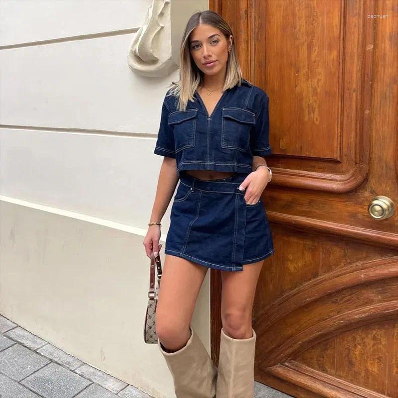 Womens Tracksuits Fashion Flip Pocket Decoration Short Collar Slim Fit Denim Top Asymmetric Skirt 2 Piece Set