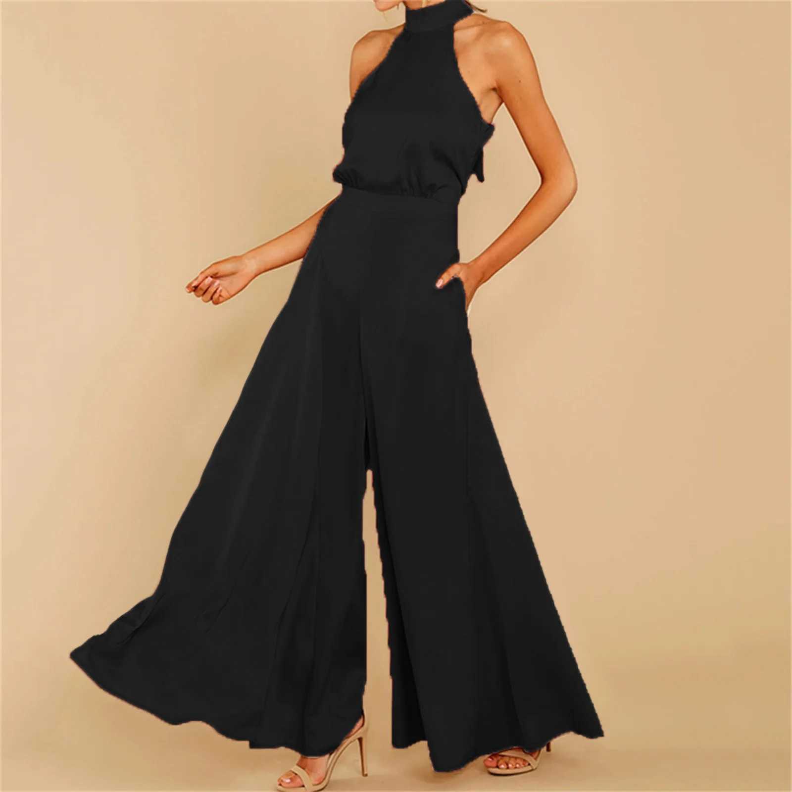 Womens Neck Tie Back Jumpsuit Solid Color Women Full Length Large Leg Loose Pants Casual One Piece Sling Long TrousersXJ250307