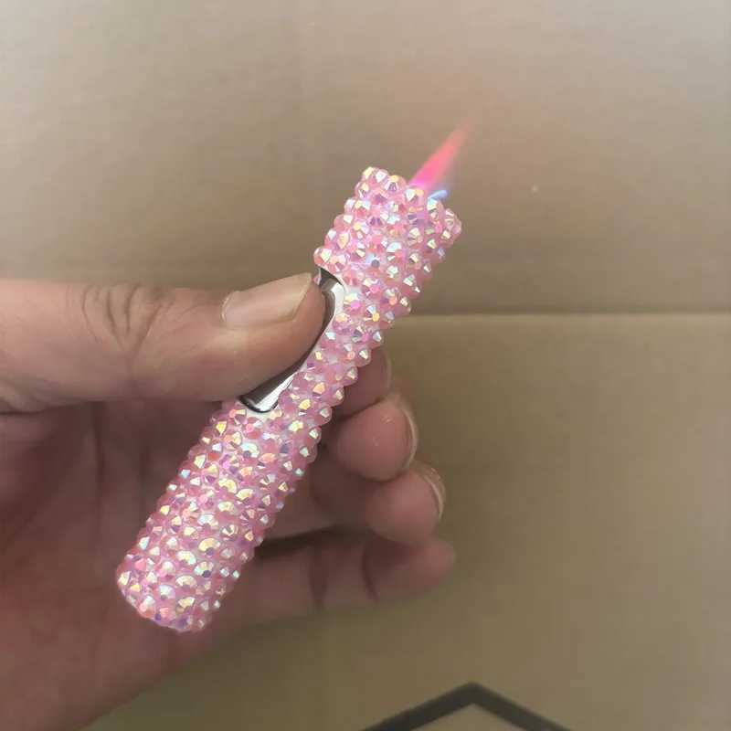 Exquisite Rhinestone Lighters Butane Torch Lighters Windproof Pink Straight Flame Lighters Ladies Smoking AccessoriesC250307