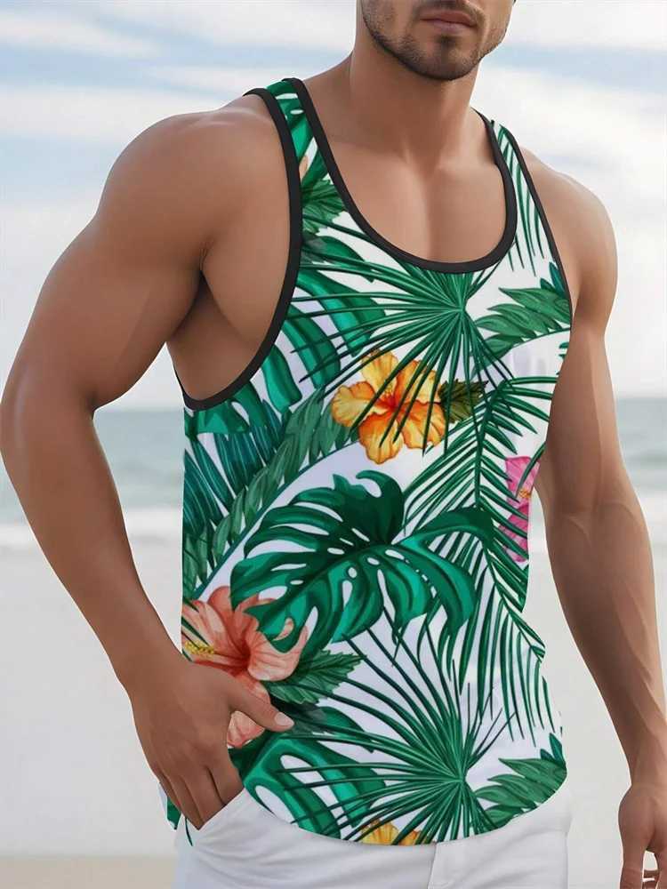 New Summer Mens Sleeveless T-Shirt Mens Outdoor Hawaii Classic Travel Wear Plus-Size Round Neck Palm Leaf 3D Printed VestT250318
