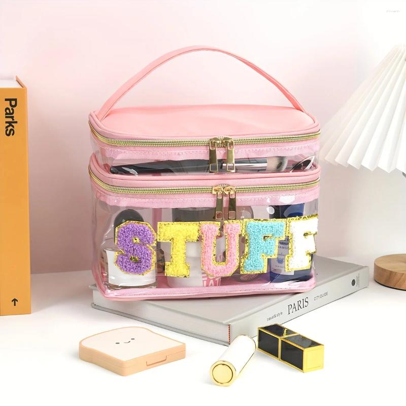 2025 NEW Cosmetic Bags 1pcs Large Capacity Letter Embroidery Double Layer Transparent Bag Toiletry Travel Storage Suitable For zhanyishengli