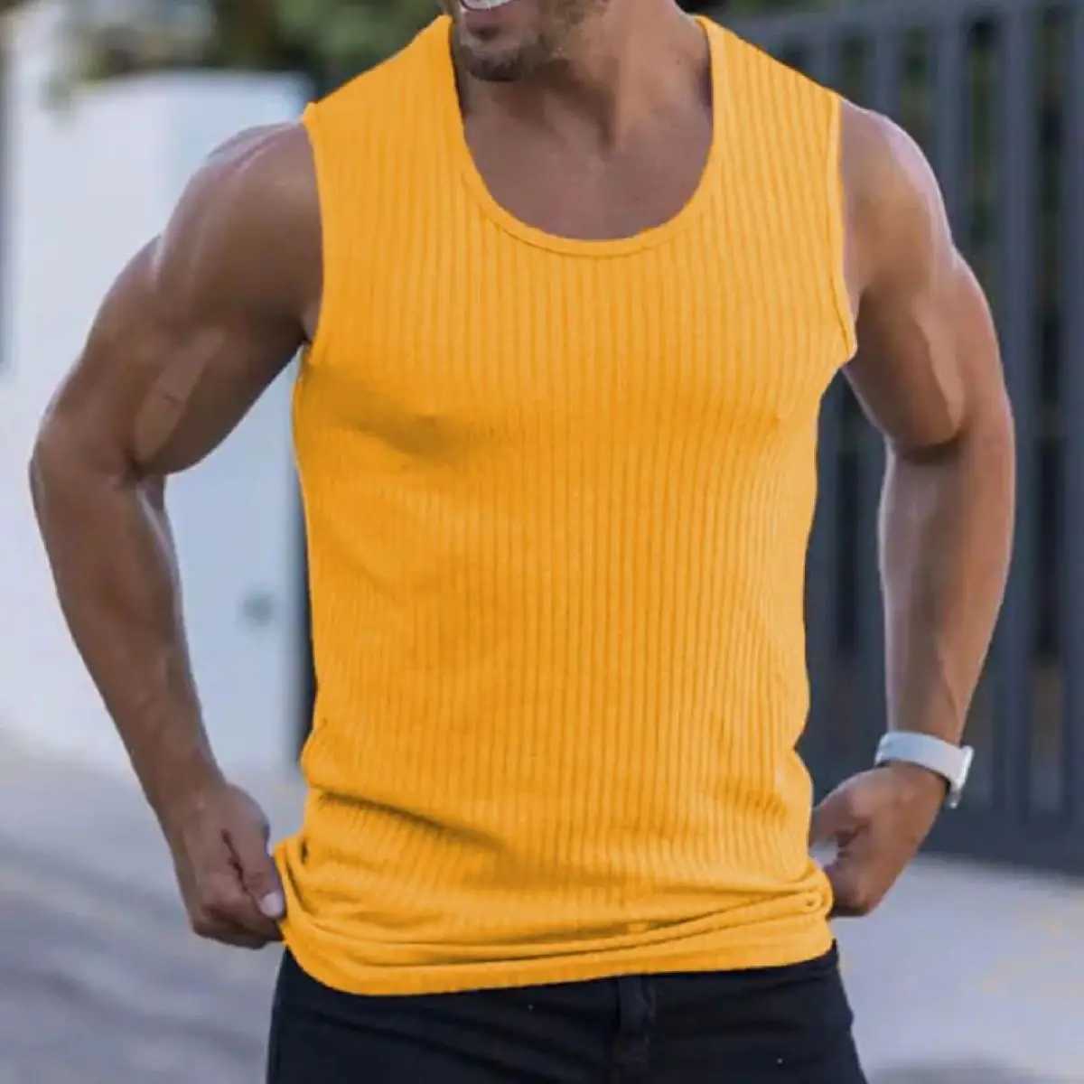 2024 Summer men sleeveless wide shoulder knitted striped muscle Fitness sports casual slim-fit back heart hipster manT250318