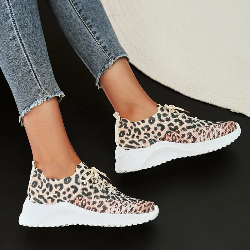 Fashion Leopard Knitted Sneakers for Women Autumn Slip On Walking Shoes Woman Lightweight Casual Sport Sneakers Plus Size 250306