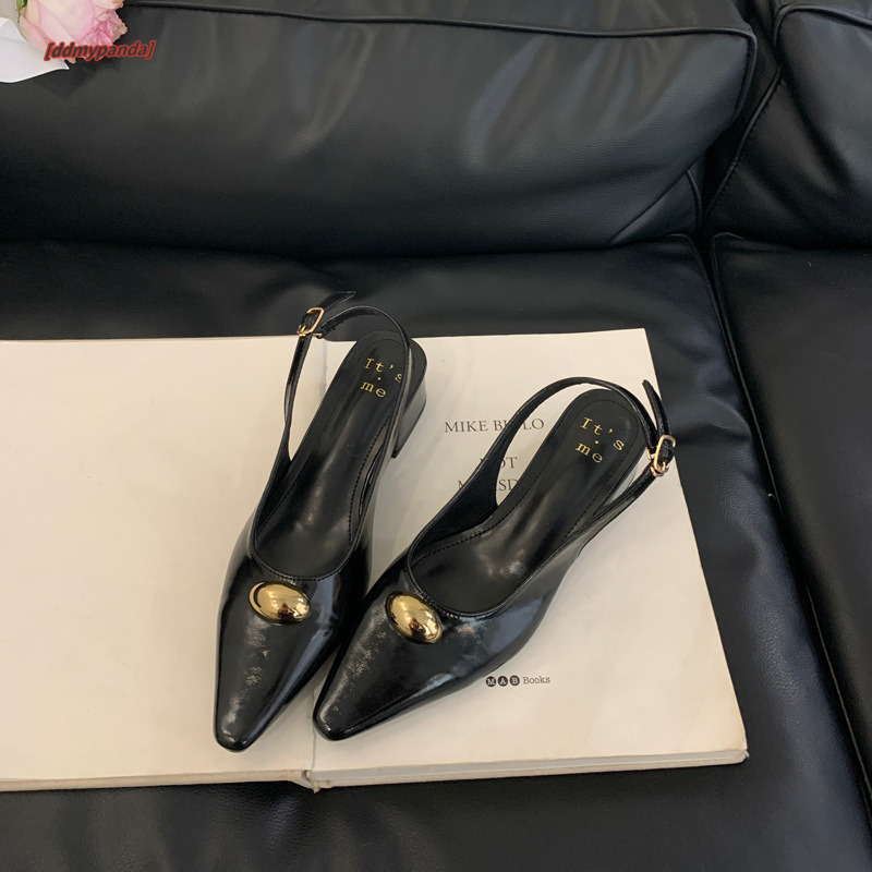 Coarse heeled sandals for women's spring/summer 2025 new item with pointed shallow mouth metal buckle and empty back Mary Jane temperament single
