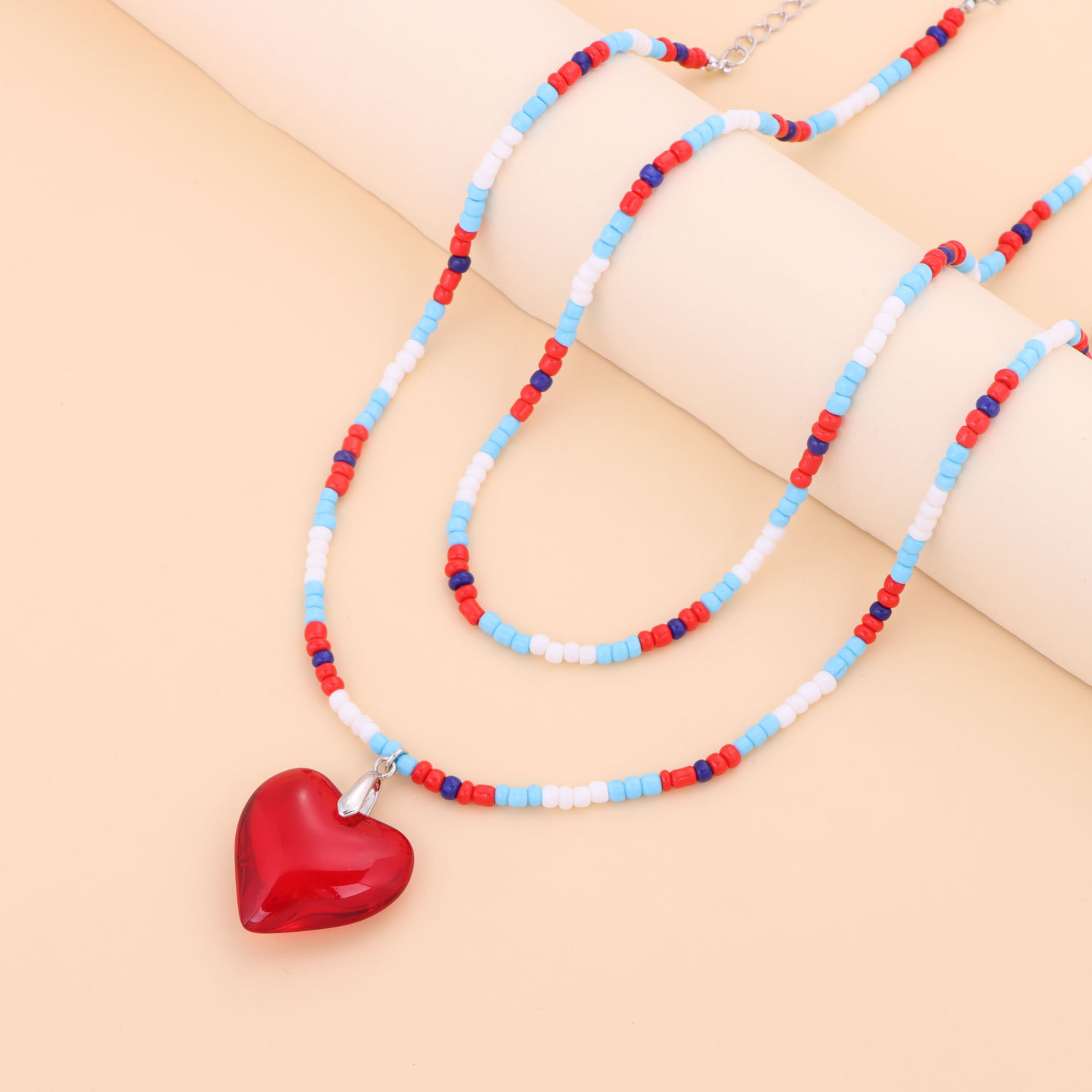 Colorful beaded heart-shaped necklace peach heart necklace set of chains female retro personality of Europe and the United States with glazed jewelry