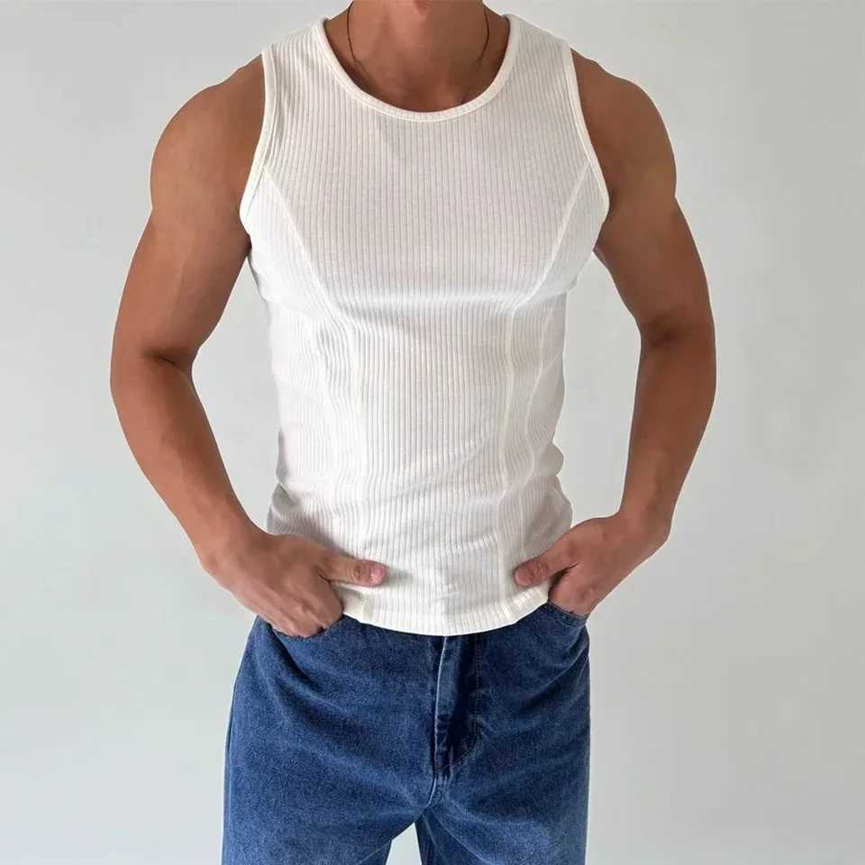 Top Men Vest Ribbed Sleeveless Stripe Tank Top Vertical Vest Fitness Regular Slim Fit Solid Sports ActivewearT250318