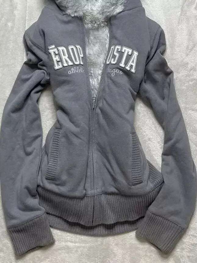 American Original Gray Veet Thickened Hooded Sweatshirt For Women Retro Slim Hottie Design Warm Zipper Jacket
