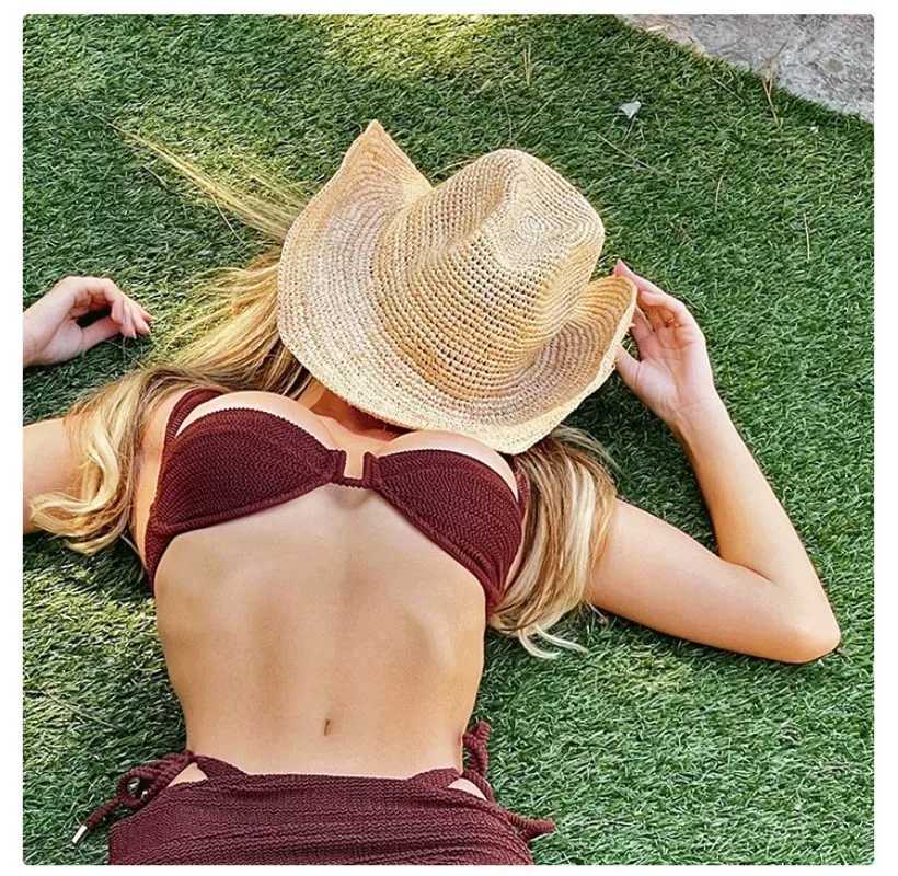 Newly hand woven crocheted natural Rafia sun hat summer simple western cowboy hat with curled Brim beach sun protection straw hat W250307