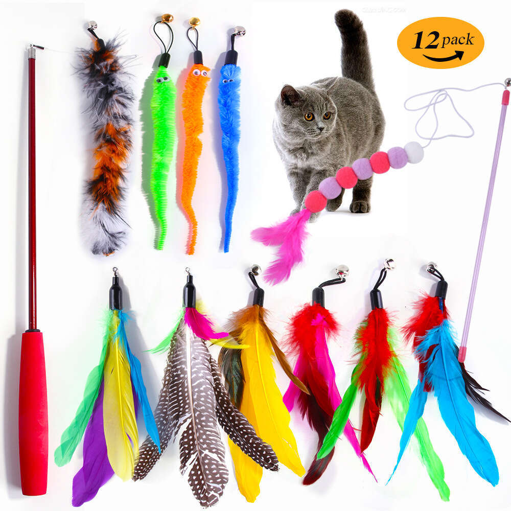Interactive Cat Toy Set with Replaceable Feather Heads Caterpillar Wand and Scalable Fishing - Rod - Style Teasing Stick