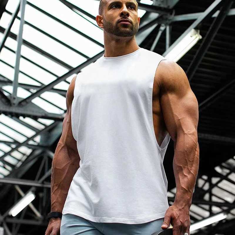 New Brand Gym Clothing Bodybuilding Drop Armhole Tank Top Men Fitness Solid Color Cotton Side Cut Off Sleeveless T-ShirtT250318