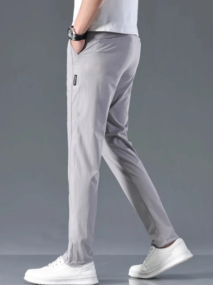Mens casual pants semi elastic waistband nylon ice silver elastic straight tube light gray business gentleman summer casual y250305