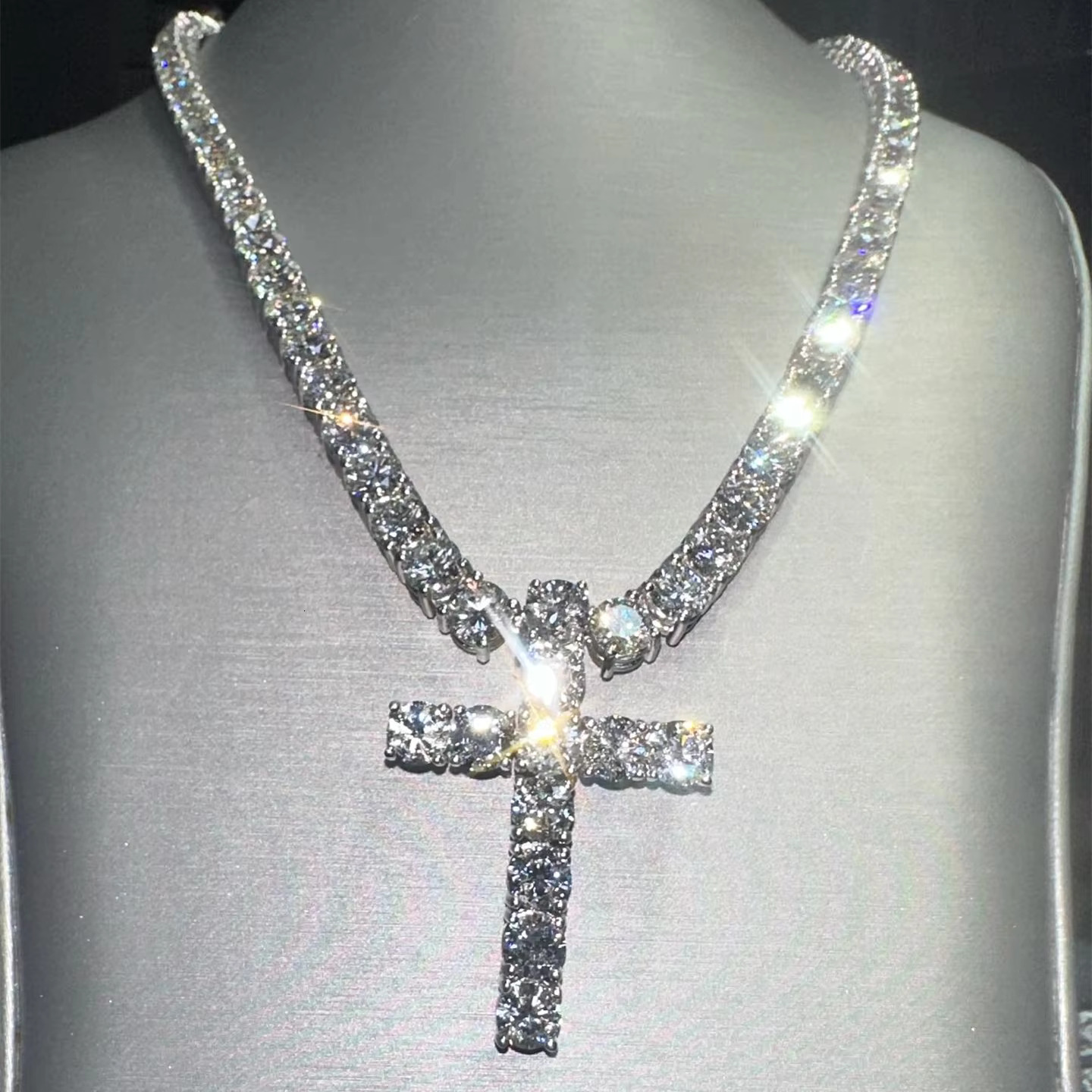 Hiphop 6mm Moissanite Tennis Necklaces Cross Pendant S925 Custom VVS Iced Out Moissanite Tennis Chain