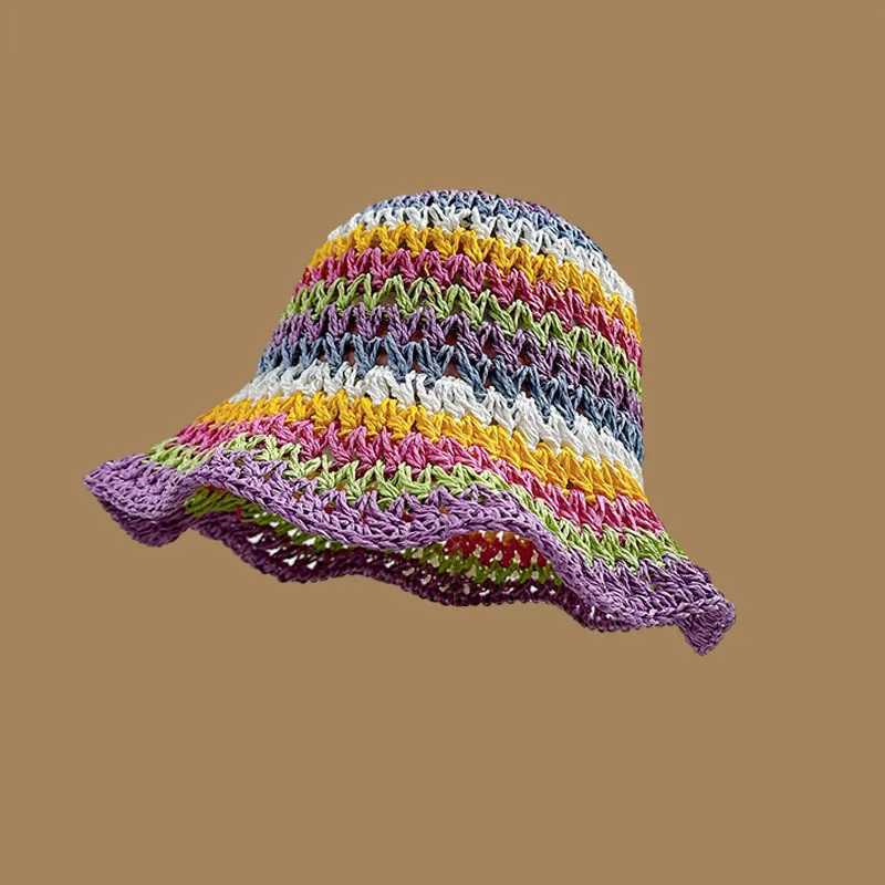 Summer Rainbow Striped Bucket Hat Woman Crochet Beach Fisherman Hat Foldable Handmade Weave Sun Hat Female Panama Wholesale W250307
