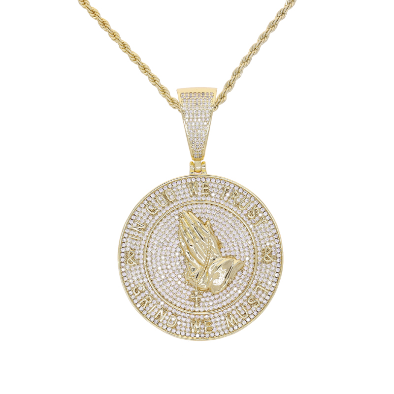 New arrived hip hop pendant with full cz paved gold plated punk styles letter in god we trust charm with rope chain necklace for men boy pray jewelry 